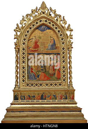 « Reliquiario con Annunciazione e Adorazione dei Magi » de Fra Angelico représente l’Annonciation et l’Adoration des Mages dans un cadre religieux typique du début de la Renaissance La peinture reflète les thèmes spirituels et théologiques de l'époque, avec des anges et les Mages représentés dans une composition sereine et harmonieuse. Banque D'Images