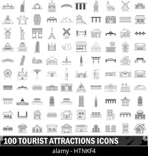 100 attractions touristiques icons set dans contour style pour tout design vector illustration Illustration de Vecteur