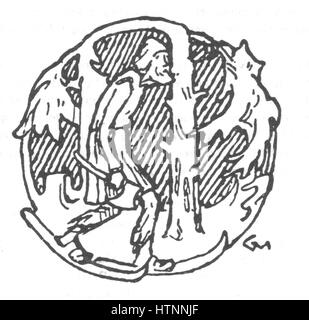 *Ynglingesaga 24* de Gerhard Munthe illustre une scène de la mythologie nordique. Le travail de Munthe est connu pour son attention aux détails et ses couleurs vibrantes. Cette peinture fait partie d'une série qui s'inspire des sagas vikings, capturant des moments dramatiques des anciennes histoires nordiques avec des images puissantes et des figures mythologiques. Banque D'Images