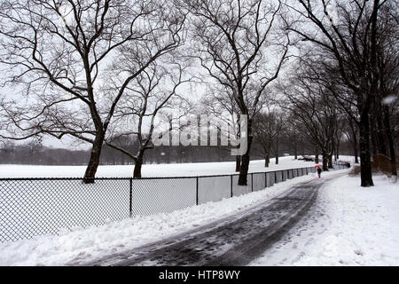 New York, États-Unis. 14Th Mar, 2017. Une femme jouit d'une promenade à travers la ville de New York's Central Park, pendant une tempête le 14 mars 2017, qui a été prédit à apporter jusqu'à deux pieds de neige à la ville mais seulement a 7 pouces. Les écoles fermées et la ville était relativement calme que beaucoup sont restés à la maison, mais certains se sont aventurés hors de s'amuser dans le parc. Crédit : Adam Stoltman/Alamy Live News Banque D'Images