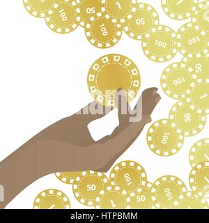 Mains pour garder des jetons de casino d'or SUR LE FOND DE BLANC. Illustration pour votre conception. Illustration de Vecteur