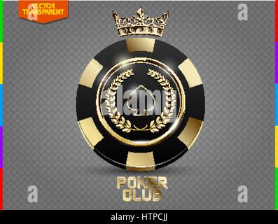 Poker VIP or noir et vecteur de puce. Poker Casino Royal club emblème avec couronne, couronne de laurier et piques isolé sur fond transparent Illustration de Vecteur