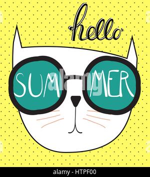 Hello Summer Background avec drôle Hand Drawn Cat. Vector Illust Illustration de Vecteur