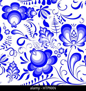 Vector floral bleu motif transparent en russe gjel style. Ornement traditionnel Illustration de Vecteur