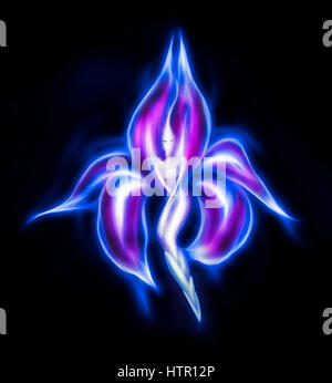 Illustration artistique d'une belle fleur exotique danse surréaliste avec fée bleus et violets pétales rougeoyants isolé sur fond noir Banque D'Images