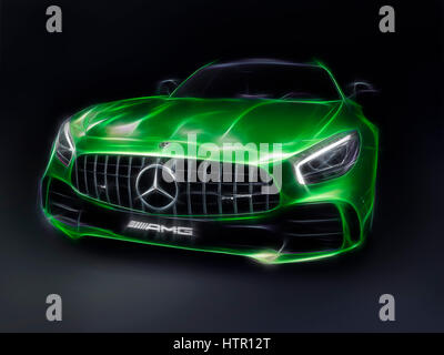 Licence et imprimés sur MaximImages.com - illustration stylisée d'une voiture de sport verte Mercedes-Benz AMG GT R coupé 2017 isolée sur fond noir Banque D'Images
