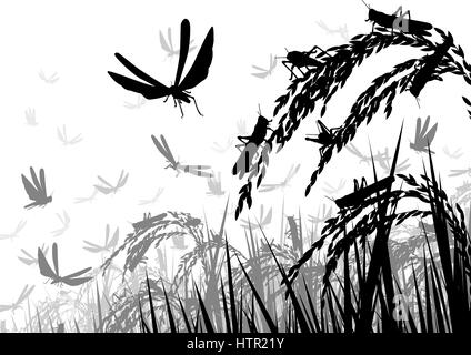 Silhouette Vector illustration d'un essaim de criquets à attaquer les plants de riz et menace la sécurité alimentaire Illustration de Vecteur