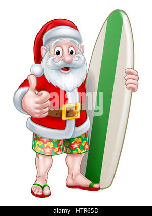 Père Noël, personnage tenant une planche de surf et de donner un coup de pouce à son bord short et sandales tongs flip flop Banque D'Images