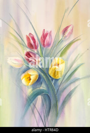 Bouquet de tulipes rouges et jaunes fond aquarelle Banque D'Images