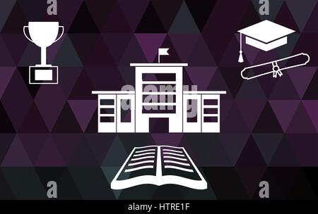 College Building avec l'éducation d'icônes. Réservez, diplôme, cap, trophy cup. Symbole des édifices universitaires. Concept de l'éducation à faible contexte poly. Vector Illustration de Vecteur