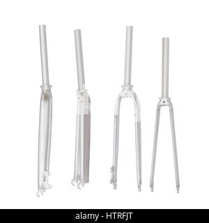 Fourches vélo non peinte en aluminium, deux vues. Isolé sur blanc, chemin de détourage inclus Banque D'Images