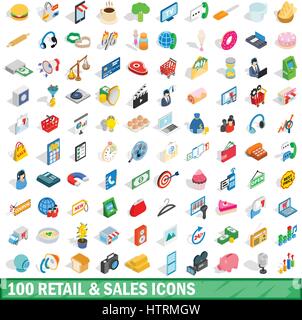 Les ventes au détail 100 icons set, style 3D isométrique Illustration de Vecteur