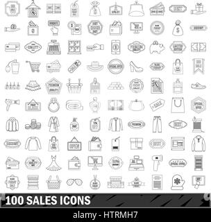 100 ventes icons set style du contour, Illustration de Vecteur