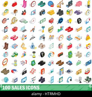 100 ventes icons set, style 3D isométrique Illustration de Vecteur