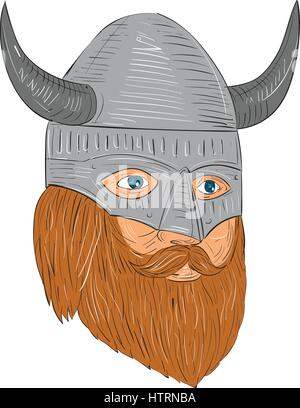 Style croquis dessin illustration d'un norseman guerrier viking raider chef barbare avec le port du casque à cornes barbe légèrement sur le côté set Illustration de Vecteur