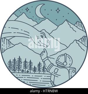 Style ligne mono illustration d'un astronaute de toucher la tête de dinosaure brontosaure mis à l'intérieur du cercle avec vue sur la montagne, la lune, les étoiles et les arbres dans le background Illustration de Vecteur