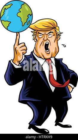 Donald Trump Cartoon Jouer Globe. Vector Illustration Caricature Portrait. 14 février, 2017 Illustration de Vecteur