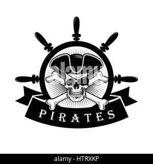 Crâne pirate avec cache-oeil et navire Helm Logo Design Vector Illustration Illustration de Vecteur