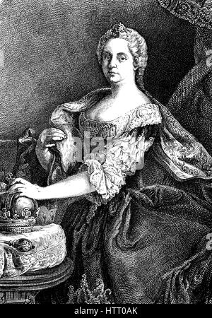 Maria Theresa Walburga Amalia Christina, Maria Theresia, 1717 - 1780, a été la seule femme chef de la Habsburg dominions et la dernière de la maison de Habsbourg. Elle était le souverain d'Autriche, la Hongrie, la Croatie, la Bohême, la Transylvanie, Mantoue, Milan, Lodomeria et la Galice, les Pays-Bas autrichiens et Parme, reproduction d'une gravure sur bois à partir de l'année 1880, l'amélioration numérique Banque D'Images