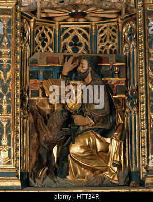 L'École de Philippe Begarny. Retable élevé. 1525. Détail : Marc l'Évangéliste avec le lion ailé (symbole de marque, tetramorph). Église de Santa Maria Maggiore. Ezcaray. La Rioja. L'Espagne. Banque D'Images