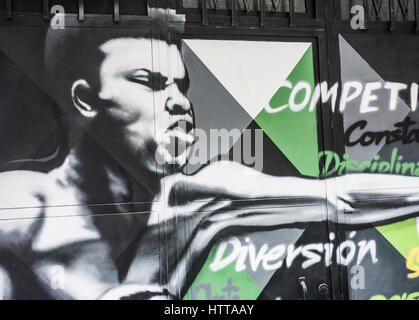 Muhammad Ali artwork sur porte de sport en Espagne Banque D'Images