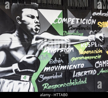 Muhammad Ali artwork sur porte de sport en Espagne Banque D'Images