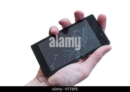 Hand holding a broken smartphone, isolé sur fond blanc Banque D'Images