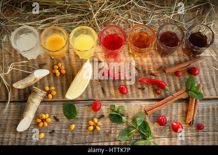 Pour l'arrière-plan photo tea party.de verres colorés de thé. Plateau gradient. Banque D'Images