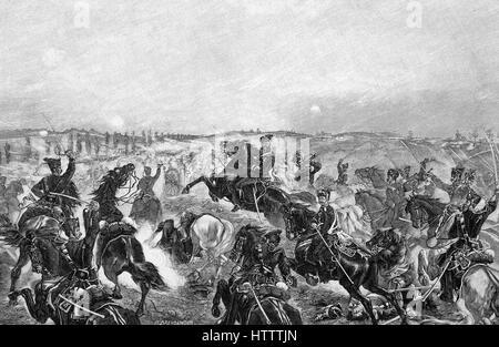 Des militaires à la guerre franco-prussienne de 1870 - 1871, l'attaque du Régiment de hussards du Nouveau-Brunswick ducal n° 17 près de Flavigny, France, reproduction d'une gravure sur bois à partir de 1882, l'amélioration numérique Banque D'Images