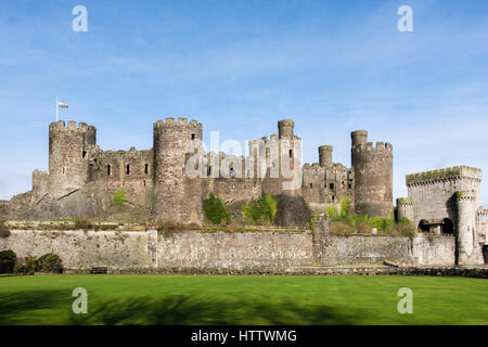 Château de Conwy mâchicoulis sur les tours et murs avec Welsh flag flying vu de l'extérieur. Conwy, Pays de Galles, Royaume-Uni, Europe, Grande-Bretagne Banque D'Images