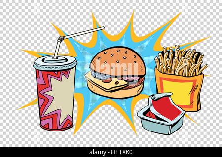 Jeu de fast-food Burger frites boire et de la sauce. Comic Book style rétro pop art retro illustration vecteur de couleur Illustration de Vecteur