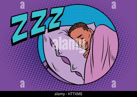 Retro man sleeping in bed. comic book style pop art retro illustration vecteur de couleur. Peuple afro-américain Illustration de Vecteur