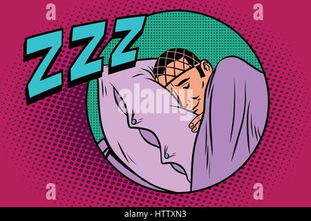 Retro man sleeping in bed. comic book style pop art retro illustration vecteur de couleur Illustration de Vecteur