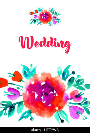 Carte de vœux vertical avec aquarelle roses. Félicitations de mariage romantique avec un bouquet de fleurs. Imprimer le jour de la Saint-Valentin, anniversaire, invitati Banque D'Images