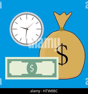 Le temps et l'argent de salaire. Argent billets sac, vector illustration Banque D'Images