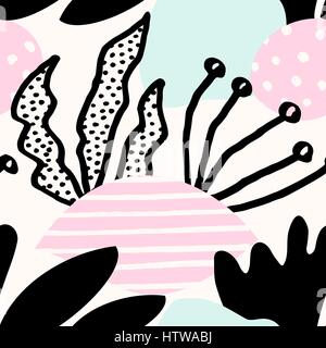 Schéma de répétition sans couture avec éléments de botanique en rose pastel, bleu clair, noir et crème. Textile moderne et original, papier d'emballage, l'art de mur des Illustration de Vecteur