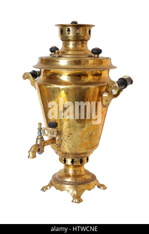 Ustensiles de cuisine - Retro Samovar Russe sur un fond blanc. Il est isolé, le travailleur des chemins est présent. Banque D'Images