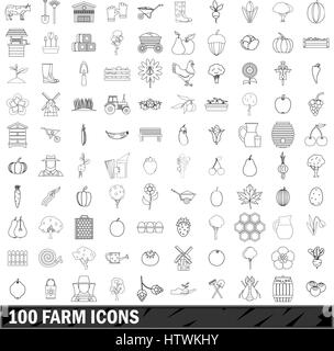 100 icons set ferme style du contour, Illustration de Vecteur