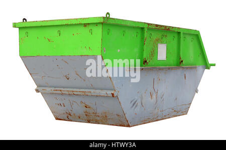 L'acier utilisé pour conteneurs rouillés vert les déchets de construction. Véritable outil de construction concept. Isolated on white Banque D'Images