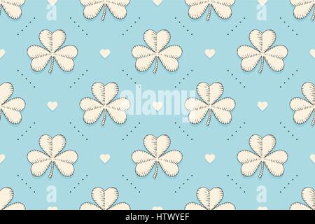 Modèle vert irlandais sans couture avec le trèfle et coeur sur fond bleu. Modèle à jour de Saint Patrick. Old school design dessiné à la main dans leur gravure fo Illustration de Vecteur