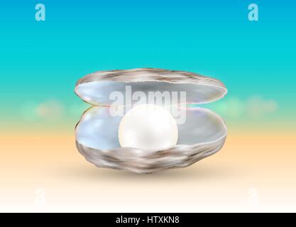 Bright Pearl dans un coquillage ouvert avec blur beach background Illustration de Vecteur