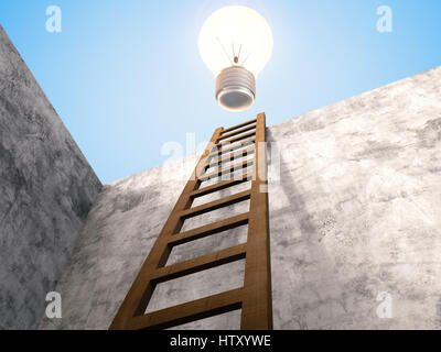 Échelle de rendu 3D s'appuyant sur mur de ciment avec lumière brillante au-dessus de l'ampoule Banque D'Images