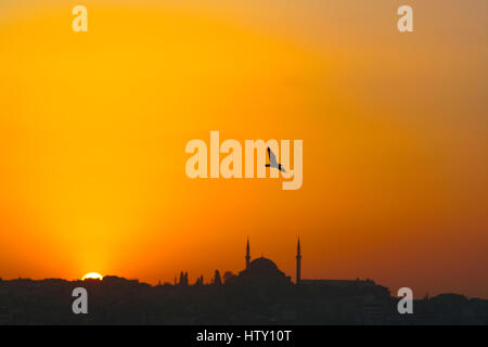 Coucher de soleil sur Istanbul, Turquie vu depuis le Bosphore. Une mosquée peut être vu dans le centre Banque D'Images