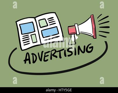 Annonce journal mégaphone symbole avec la publicité dans texte contre un arrière-plan vert Illustration de Vecteur