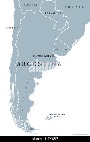 Carte politique de l'Argentine avec Buenos Aires, capitale des frontières nationales et les pays voisins. Au cours de l'Amérique du Sud. Gris illustration.