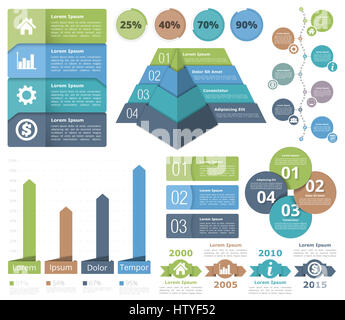 Éléments de conception infographique - diagramme, graphique à barres, pyramide, diagramme de processus, des indicateurs de progrès, l'échéancier, schéma de cercle, les objets avec nombre Banque D'Images