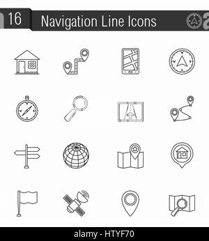 16 icônes de ligne de navigation Banque D'Images