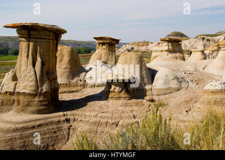 Les cheminées, les formations géologiques créé par l'érosion, dans les Badlands près de Drumheller, en Alberta, Canada. Banque D'Images