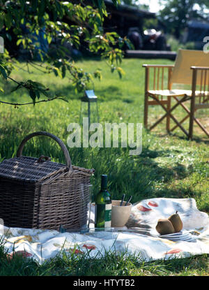 Panier pique-nique en osier et une bouteille de vin sur un tissu à motifs floraux sur la pelouse sous un arbre Banque D'Images