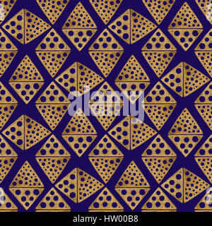 Hand drawn seamless pattern. Or sur l'ornement ethniques bleu, l'arrière-plan géométrique abstraite. Losange doré illustration. Banque D'Images